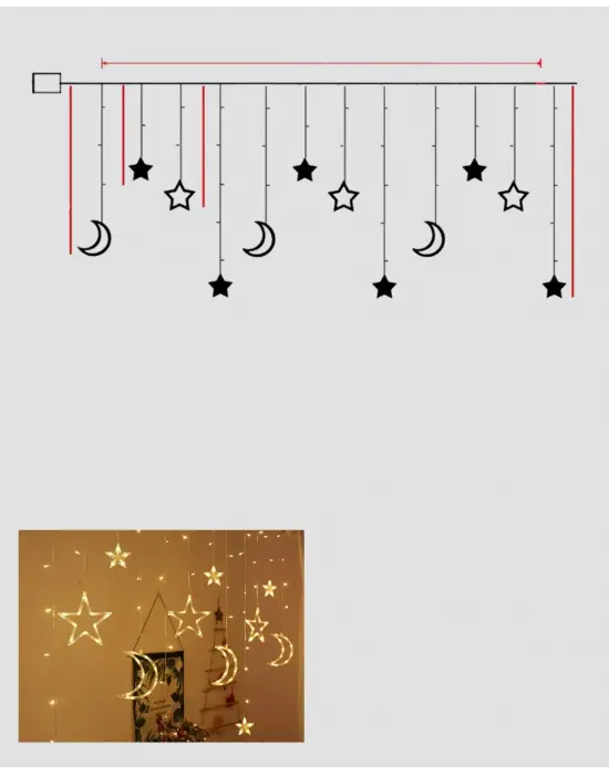 Yıldız Ve Ay Figürlü Pilli Perde Led Romantik Dekoratif Işık