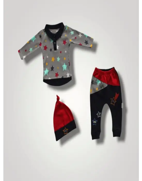 Omarı Yıldızlar Baskılı Uzun Kollu 3lü Bebek Takımı