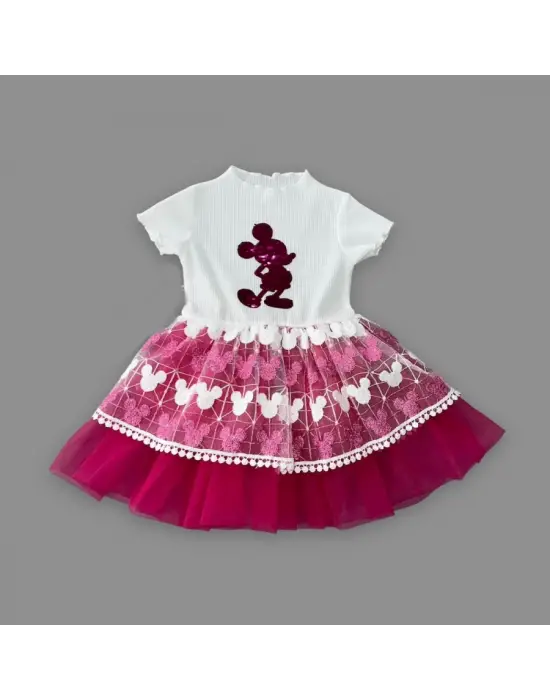 Omarı Mickey Baskılı Payet Detaylı Bebek Elbisesi - Fuşya