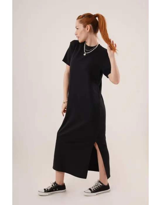 Omarı Salaş Maxi Siyah Elbise with Stylish Slit Detail