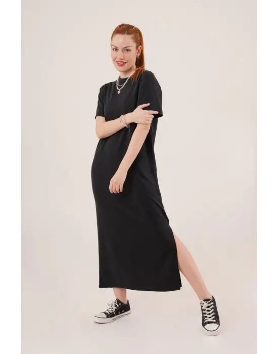 Omarı Salaş Maxi Siyah Elbise with Stylish Slit Detail