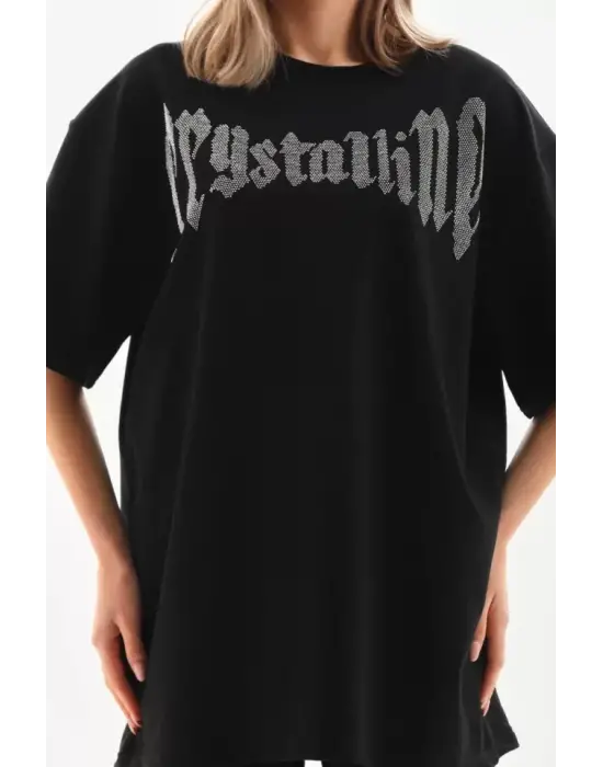 Omarı Beyaz Taş Desenli Oversize T-Shirt