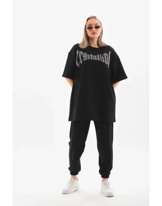 Omarı Beyaz Taş Desenli Oversize T-Shirt