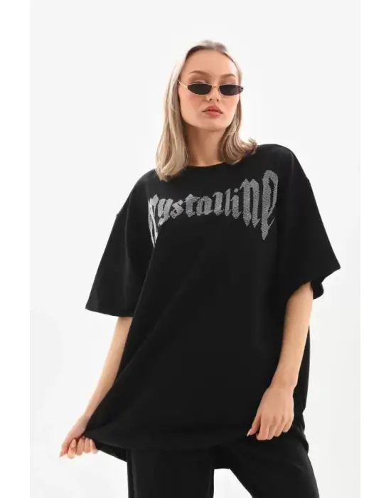 Omarı Beyaz Taş Desenli Oversize T-Shirt