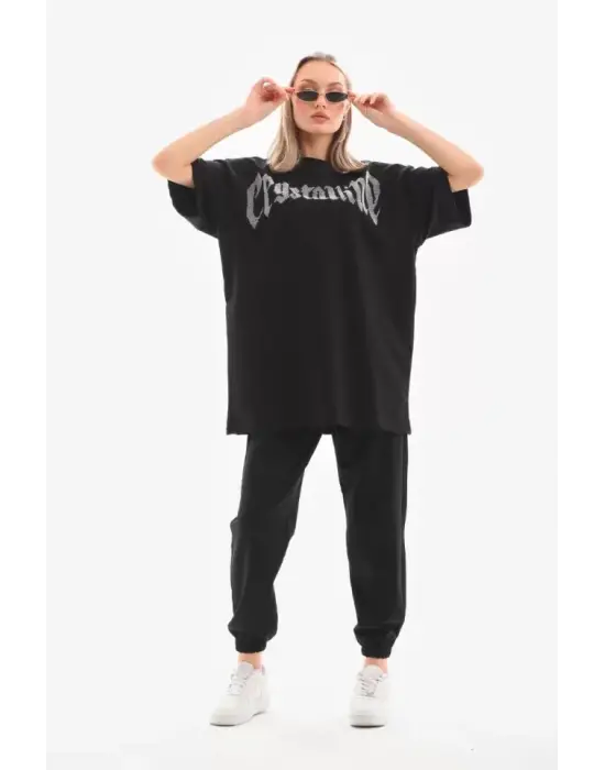 Omarı Beyaz Taş Desenli Oversize T-Shirt