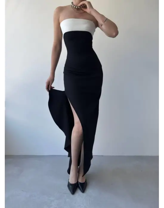 Omarı Zarif Yırtmaç Detaylı Elbise