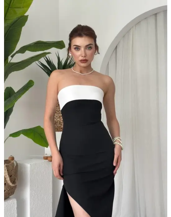 Omarı Zarif Yırtmaç Detaylı Elbise