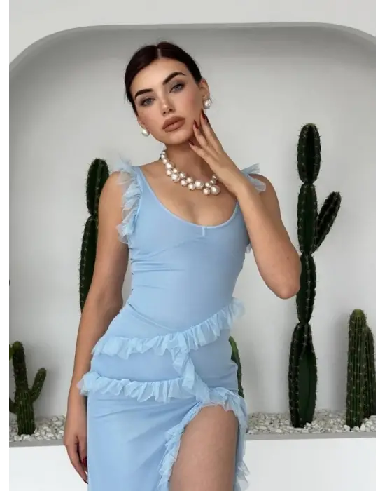 Omarı Yırtmaç Detaylı Midi Tül Elbise