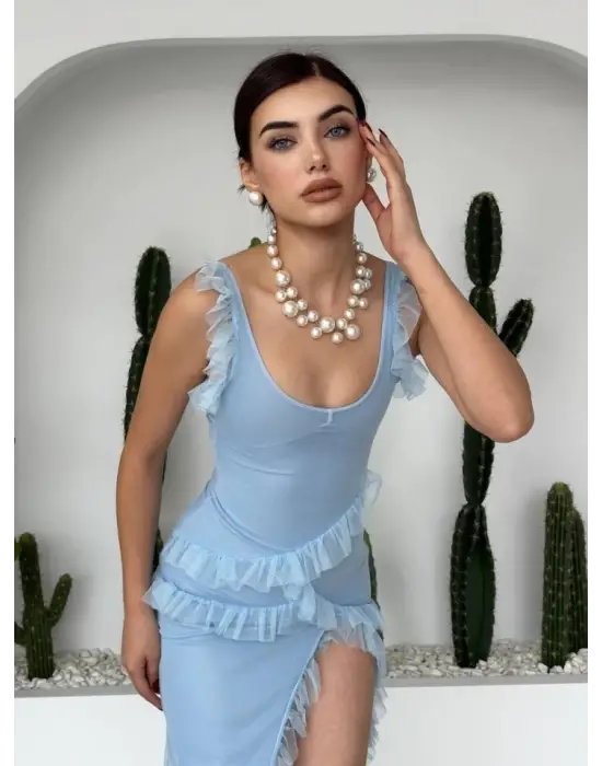 Omarı Yırtmaç Detaylı Midi Tül Elbise