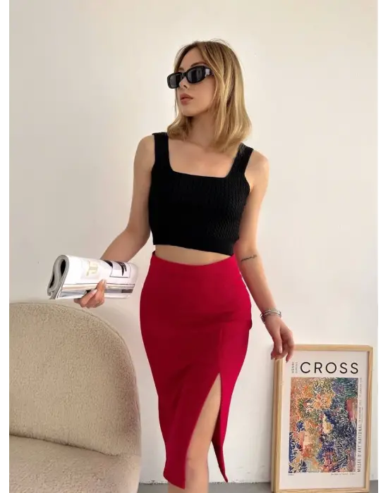 Omarı Esnek Kumaş Yırtmaçlı Midi Boy Etek - Koyu Kırmızı