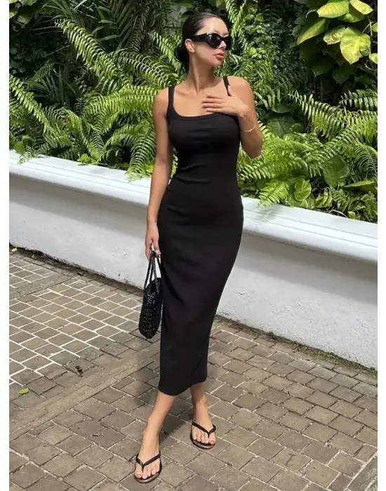 Omarı Yuvarlak Yakalı Midi Kaşkorse Elbise