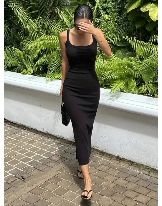 Omarı Yuvarlak Yakalı Midi Kaşkorse Elbise