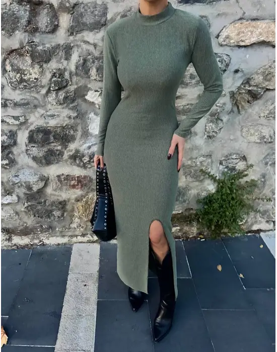 Yırtmaçlı kalın bürümcük uzun elbise Yeşil