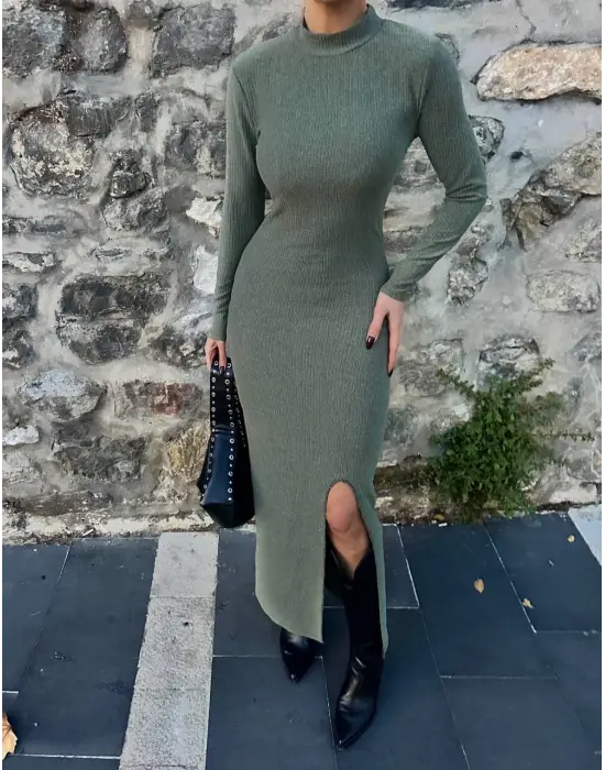 Yırtmaçlı kalın bürümcük uzun elbise Yeşil