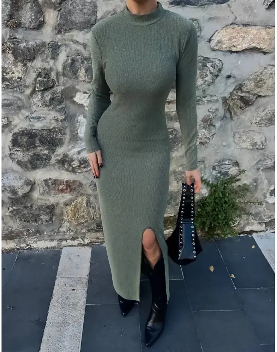 Yırtmaçlı kalın bürümcük uzun elbise Yeşil