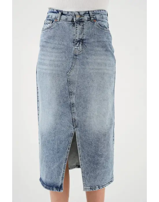 Yırtmaçlı Midi Kot Etek 8038 - Mavi