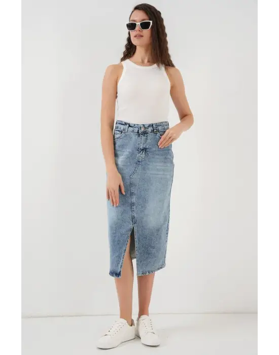 Yırtmaçlı Midi Kot Etek 8038 - Mavi
