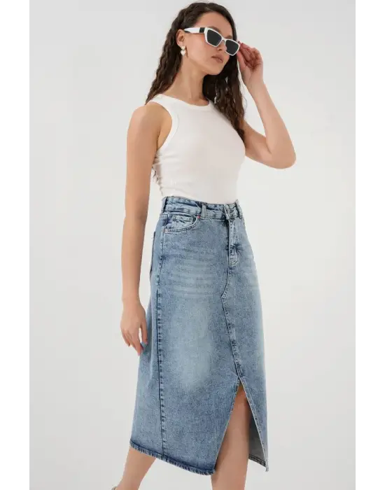Yırtmaçlı Midi Kot Etek 8038 - Mavi