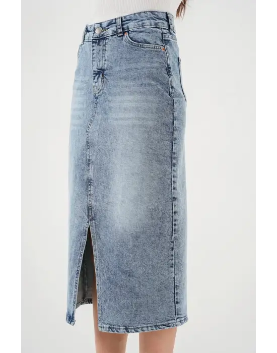 Yırtmaçlı Midi Kot Etek 8038 - Mavi