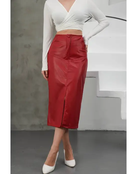 Yırtmaçlı uzun deri etek bordo