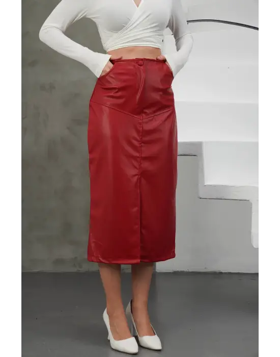 Yırtmaçlı uzun deri etek bordo