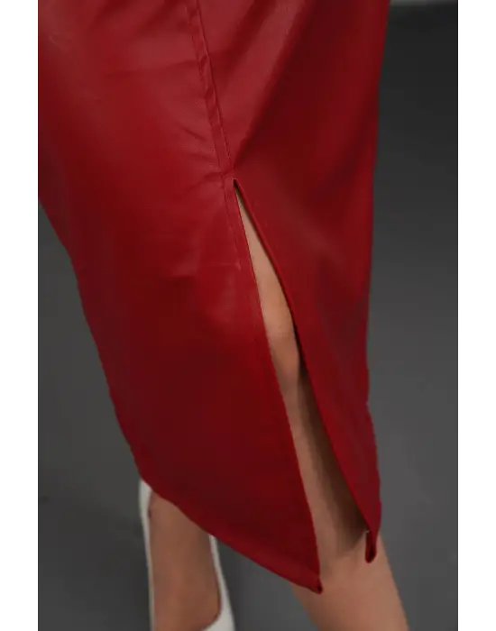 Yırtmaçlı uzun deri etek bordo