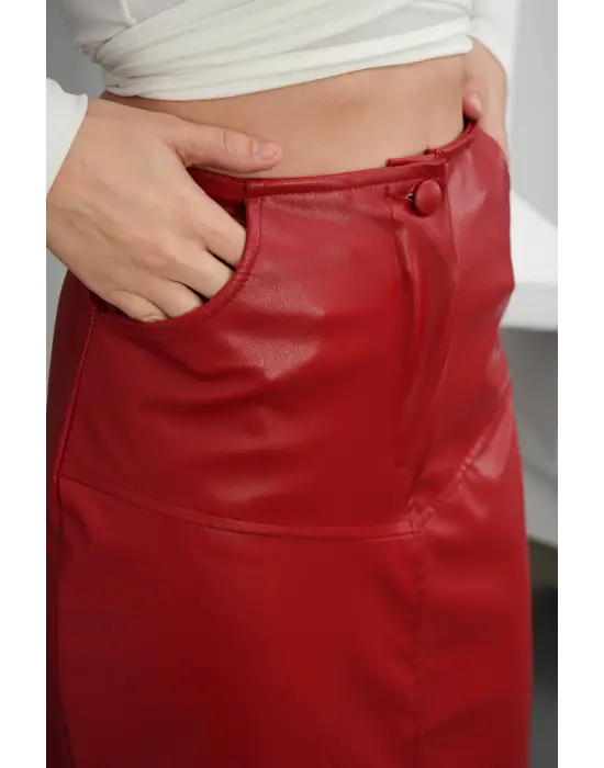 Yırtmaçlı uzun deri etek bordo