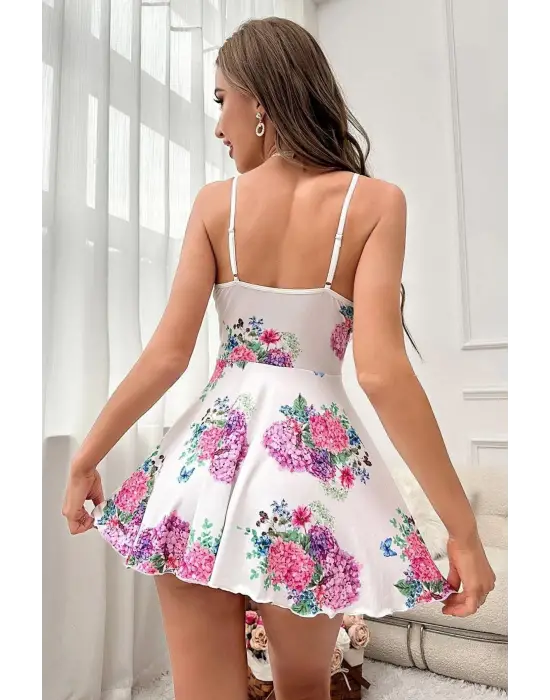 Omarı Beyaz Pırıltı Çiçek Desenli Mini Gecelik