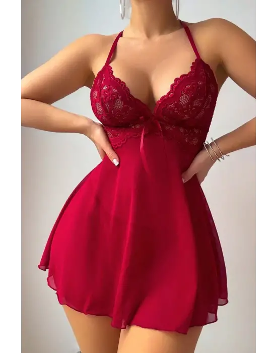 Omarı Kırmızı Dantel Detaylı Mini Gecelik