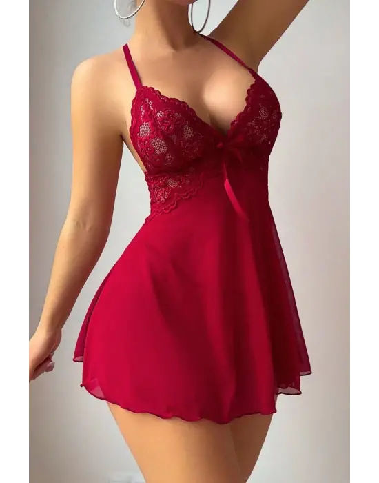 Omarı Kırmızı Dantel Detaylı Mini Gecelik