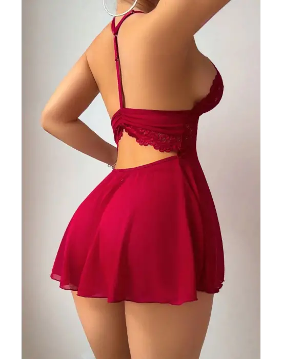 Omarı Kırmızı Dantel Detaylı Mini Gecelik