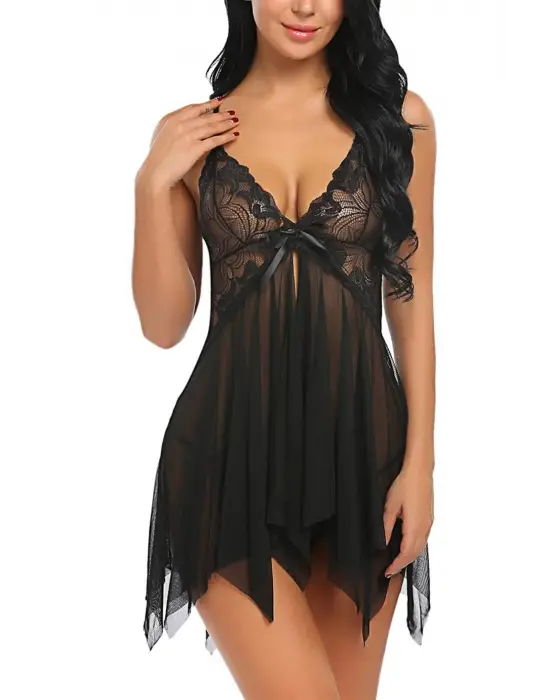 Omarı Siyah Tül Babydoll Gecelik - Çekici Ve Şık İç Giyim Parçası