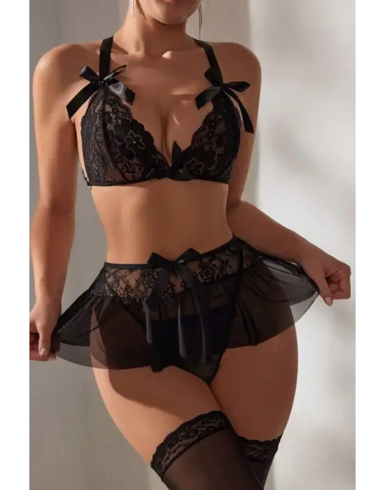 Omarı Siyah Yüksek Bel Etekli Takım