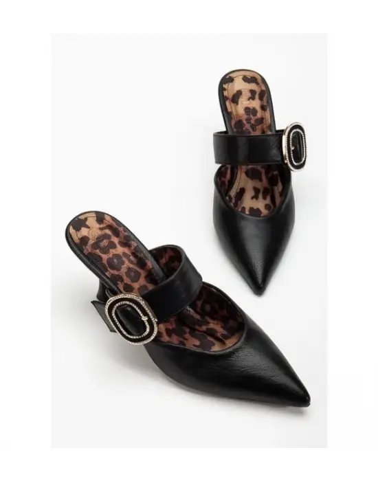 Omarı Deri Yüksek Topuklu Siyah Terlik