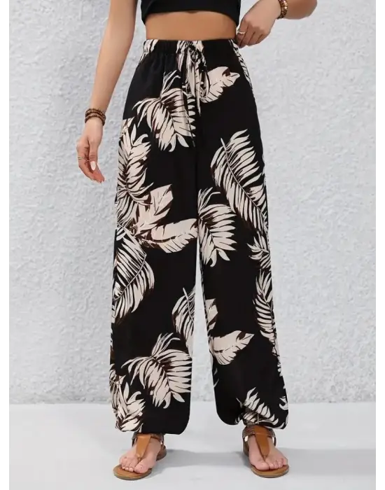 Omarı Yaprak Desenli Yüksek Bel Bağcıklı Pantolon