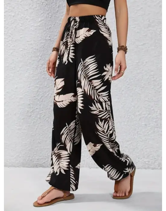 Omarı Yaprak Desenli Yüksek Bel Bağcıklı Pantolon