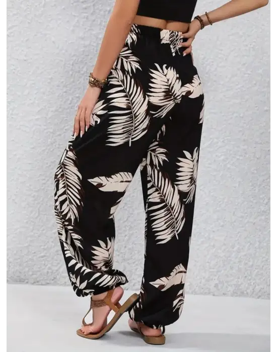 Omarı Yaprak Desenli Yüksek Bel Bağcıklı Pantolon