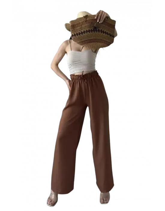 Yüksek Bel Beli Büzgülü Pantolon -KAHVERENGİ