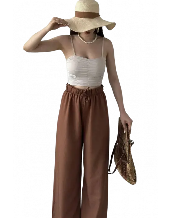 Yüksek Bel Beli Büzgülü Pantolon -KAHVERENGİ