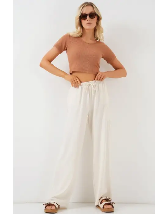 Yüksek Bel Bol Paça Pantolon - Krem
