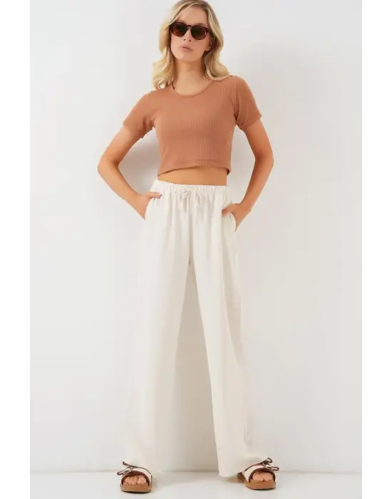 Yüksek Bel Bol Paça Pantolon - Krem