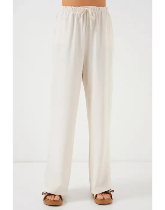 Yüksek Bel Bol Paça Pantolon - Krem