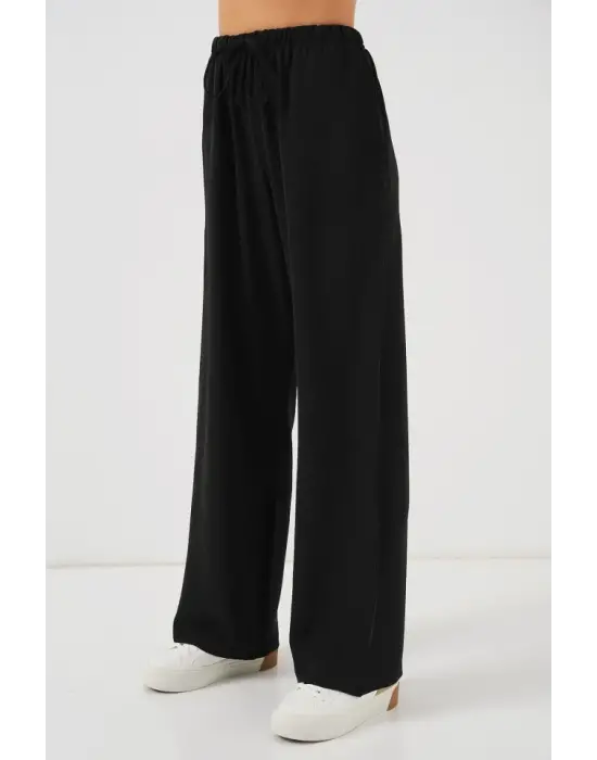 Yüksek Bel Bol Paça Pantolon - Siyah