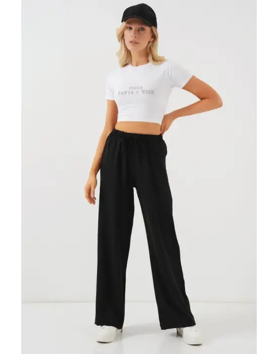Yüksek Bel Bol Paça Pantolon - Siyah