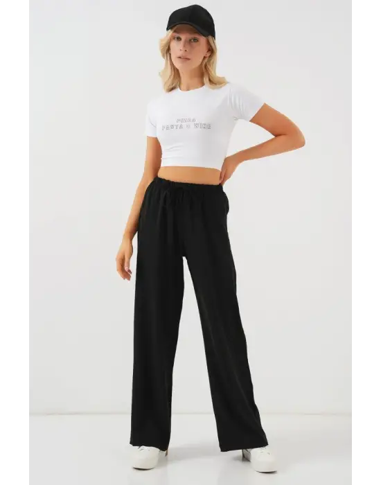 Yüksek Bel Bol Paça Pantolon - Siyah