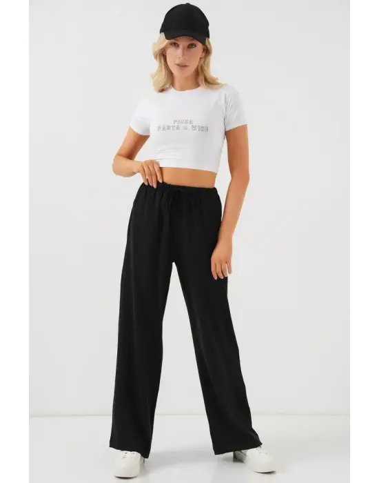 Yüksek Bel Bol Paça Pantolon - Siyah