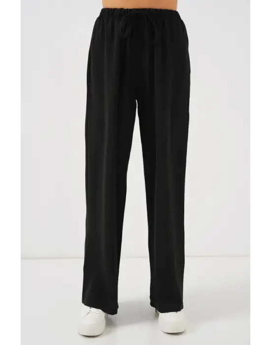 Yüksek Bel Bol Paça Pantolon - Siyah