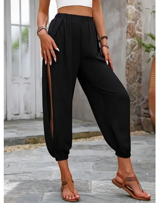 Omarı Yüksek Belli Yanlardan Çapraz Detaylı Pantolon