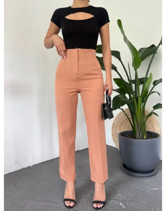 Omarı Yüksek Bel Fermuarlı Tarçın Pantolon