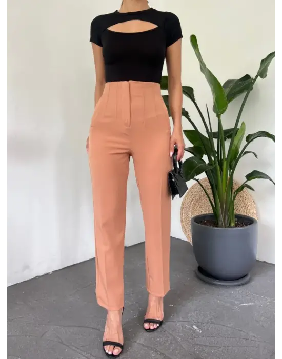 Omarı Yüksek Bel Fermuarlı Tarçın Pantolon